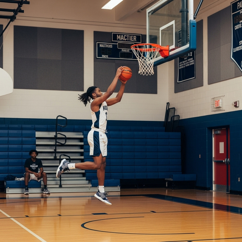 Dynamic African American Basketball Player Dunking in High School Gym