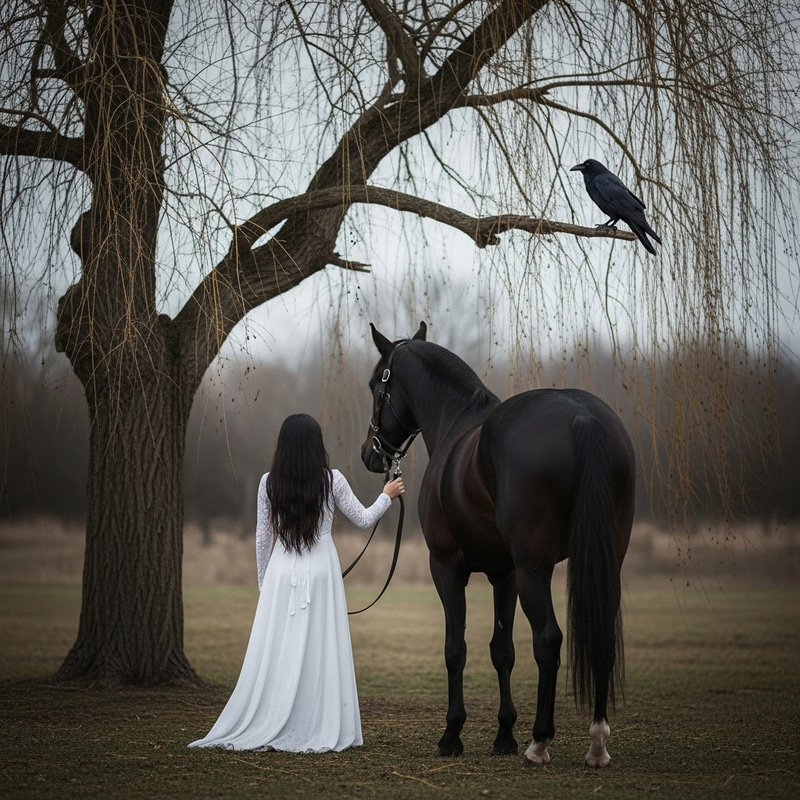 Mysterious Girl in White Dress with Black Horse by Willow Tree
