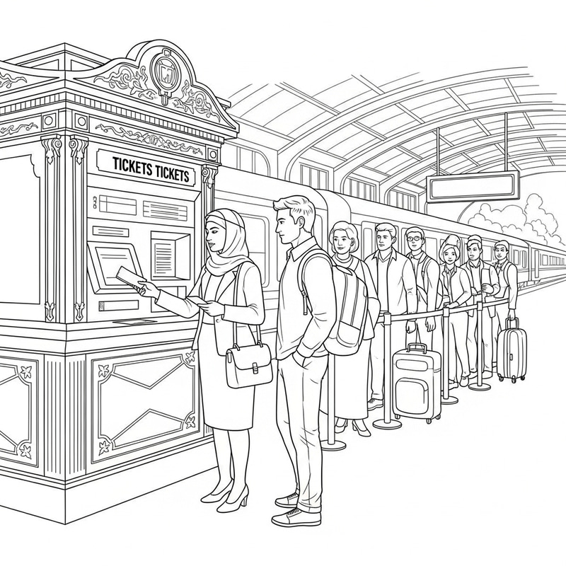 Train Ticket Booking Line Art Scene - Vintage Illustration