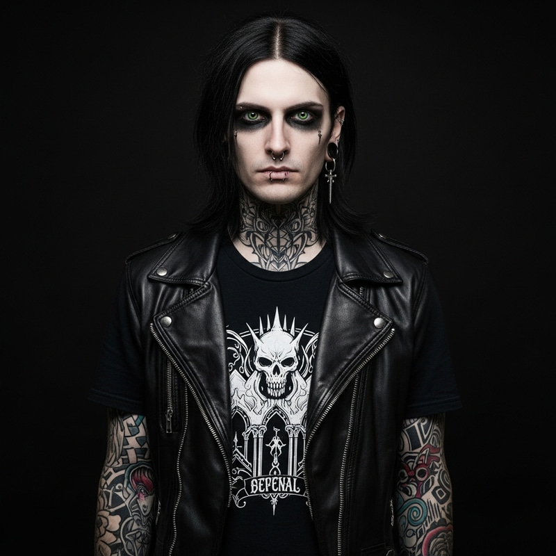 Caucasian Male with Tattoos in Gothic Style