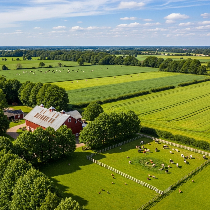 Picturesque Farm Scene with Barn, Fields, and Animals