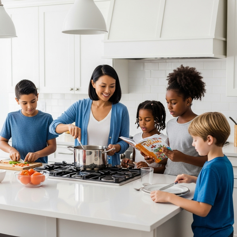 Family Cooking: Mom and 3 Kids Preparing Dinner Joyfully Family Cooking: Mom and 3 Kids Preparing Dinner Joyfully