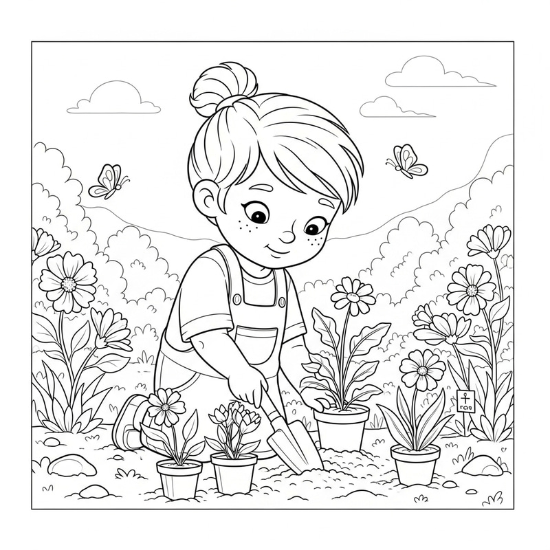 Whimsical Cartoon of Child Planting Garden in Memory Whimsical Cartoon of Child Planting Garden in Memory