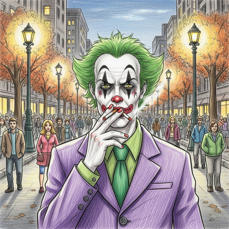 Pencil Sketch of Joker with Green Hair Smoking on Busy City Boulevard