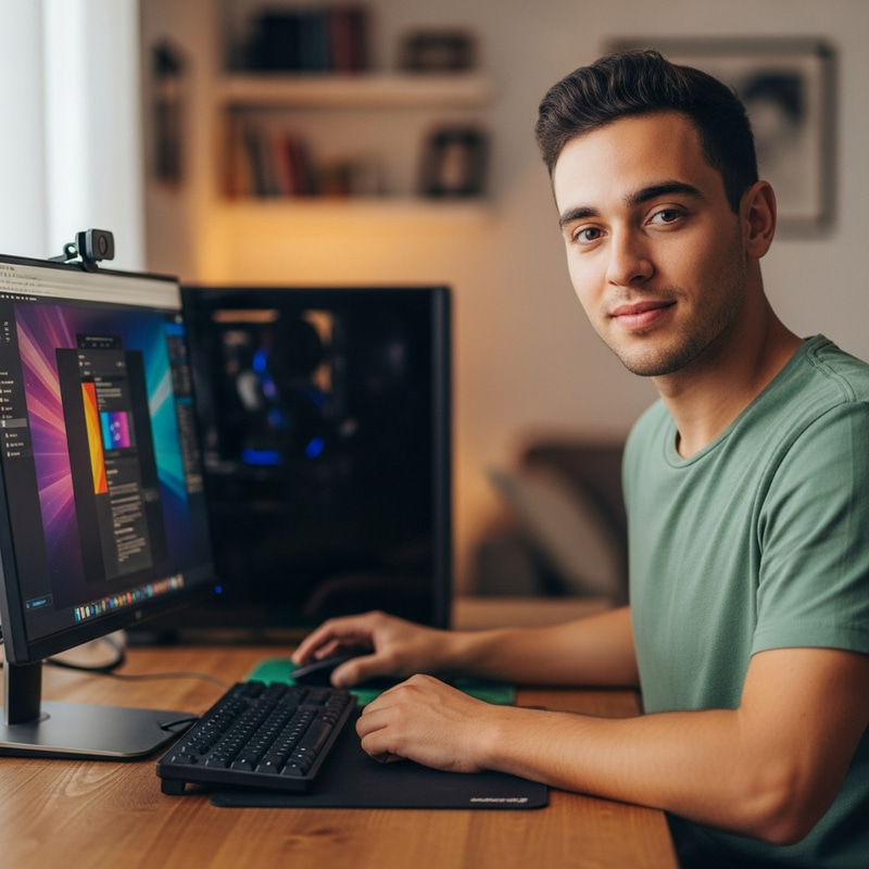 Young man in green shirt at desk with computer, smiling at camera Young man in green shirt at desk with computer, smiling at camera