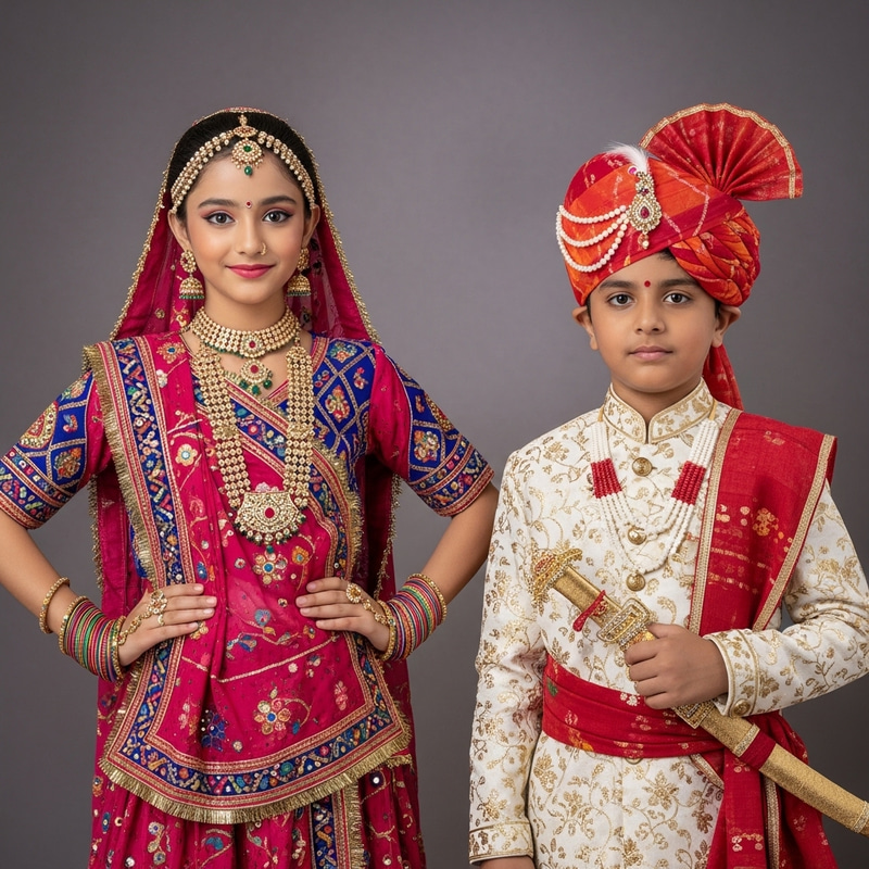 South Asian Rajasthani Poshak Girl and Traditional Boy