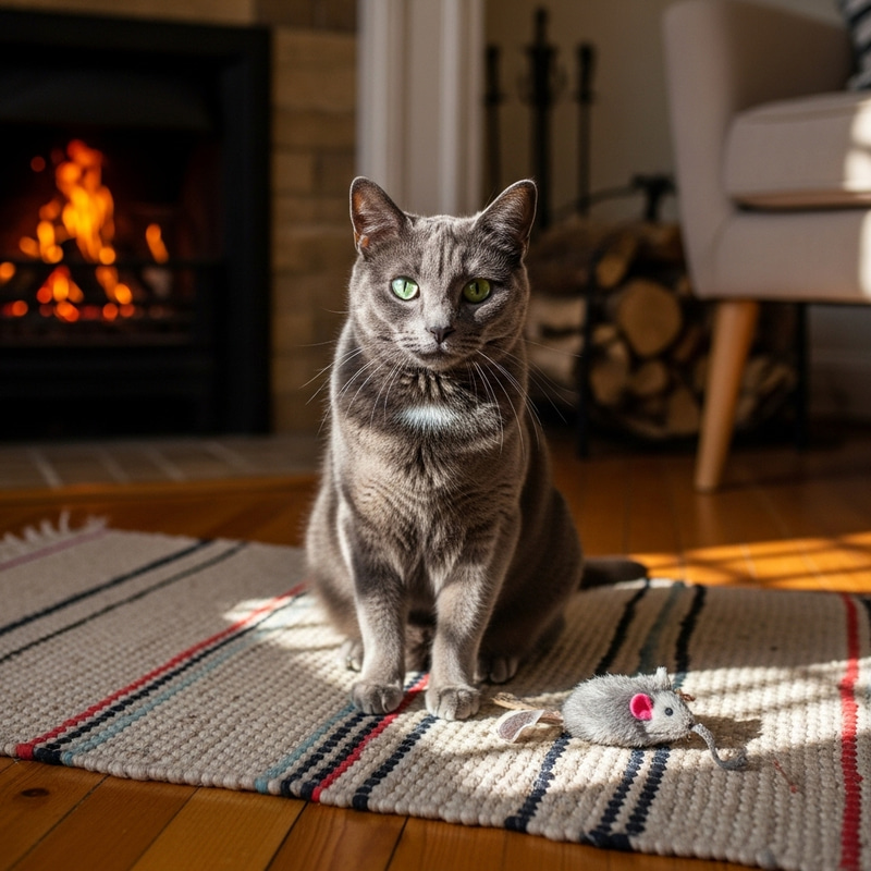 Domestic Bliss: Grey Cat on Vintage Rug | Sunlit Scene Domestic Bliss: Grey Cat on Vintage Rug | Sunlit Scene