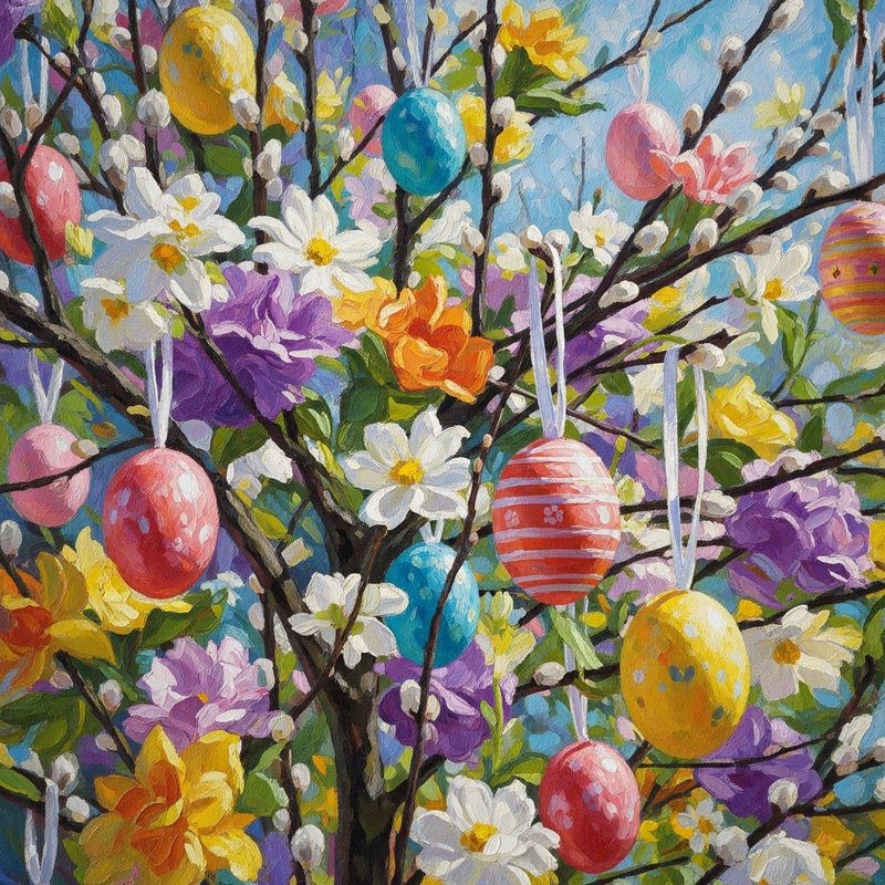 Impressionistic Easter Tree Adorned with Colorful Eggs and Spring Flowers Impressionistic Easter Tree Adorned with Colorful Eggs and Spring Flowers