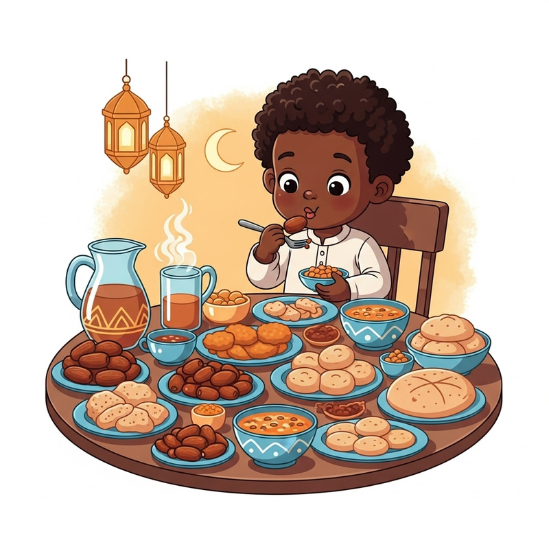 Joyful Black Baby Boy Enjoying Iftar Delicacies | Ramadan Feast