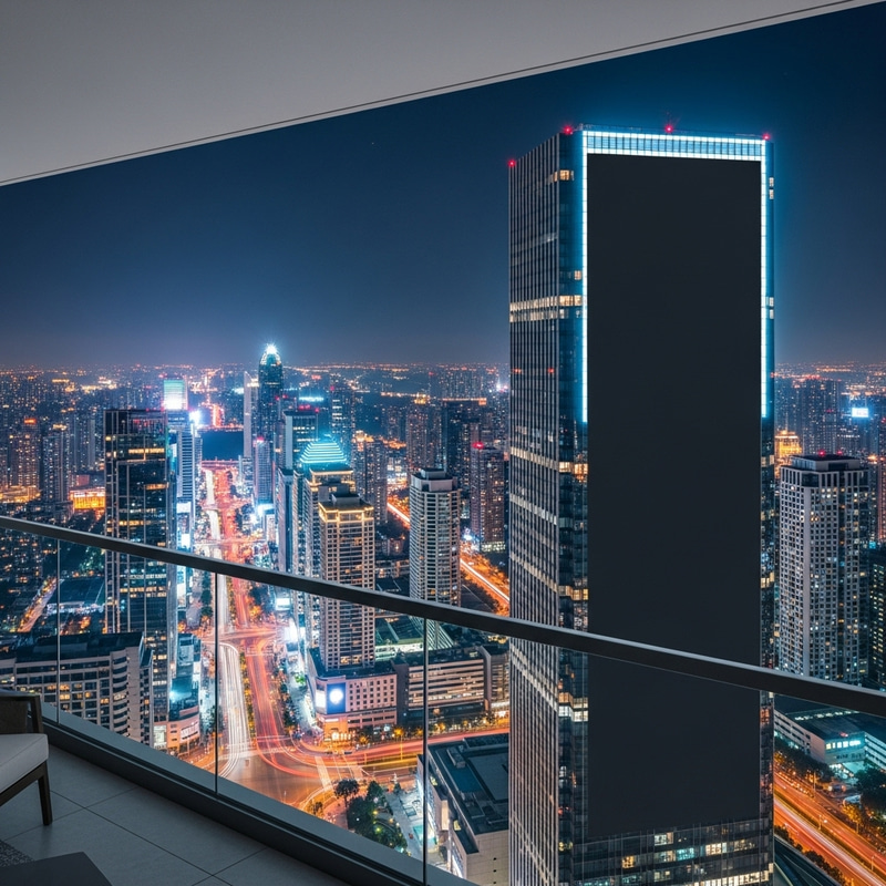 Nocturnal Balcony View of Brightly Lit Modern City with Giant Black Screen