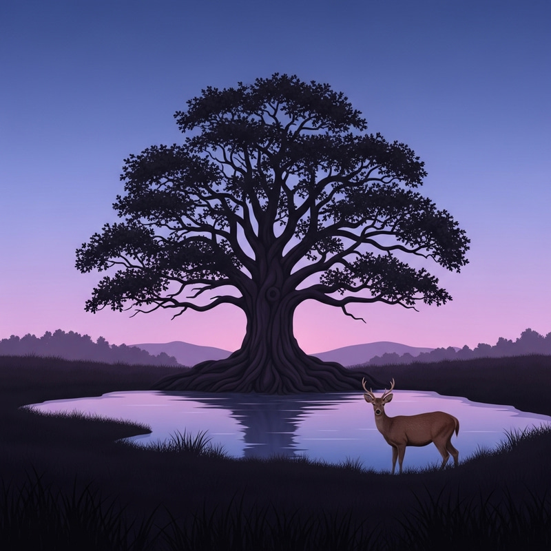 Stoic Ancient Tree Silhouetted in Tranquil Dusk Landscape