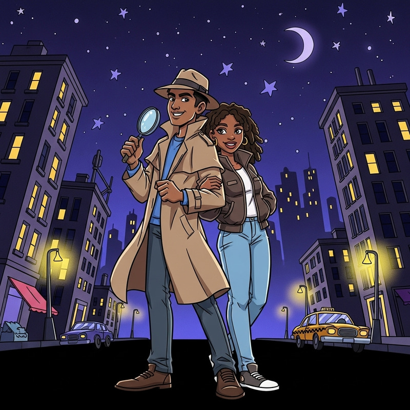 Young Detective and Girlfriend in Night City Cartoon Style Young Detective and Girlfriend in Night City Cartoon Style