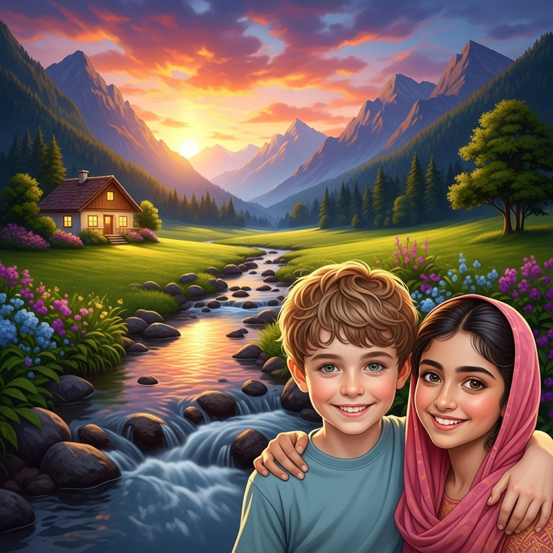 Beautiful Sunset Painting Mountains, Small Cottage, Couple by Stream