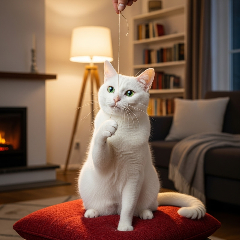 Lovisa Cat on White Cushion | Charming Feline in Cozy Setting Lovisa Cat on White Cushion | Charming Feline in Cozy Setting