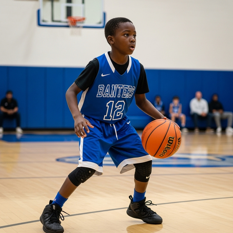 Young Boy Playing Basketball with Intense Focus