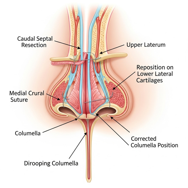 Nose Surgery for Drooping Columella - Medical Illustration Nose Surgery for Drooping Columella - Medical Illustration