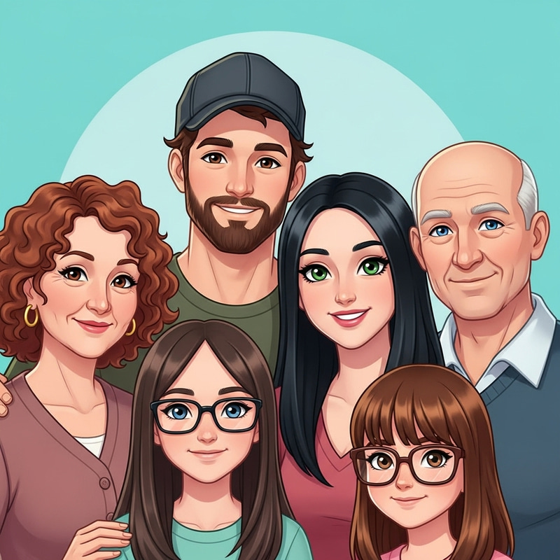 Adorable Family of Five in Pixar-Style Animation