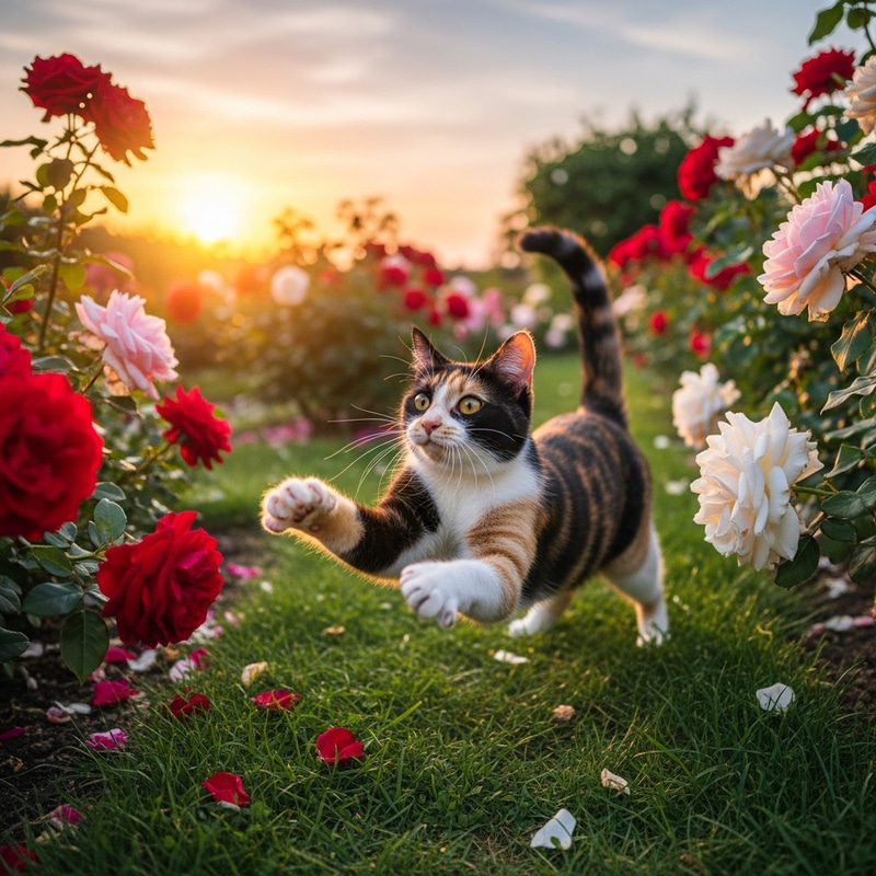 Create a Playful Cat in the Rose Garden at Sunset Create a Playful Cat in the Rose Garden at Sunset