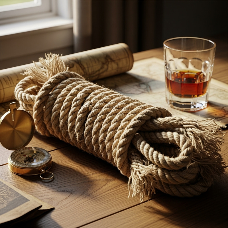 Detailed Scene of Neatly Coiled Rope on Rustic Table Detailed Scene of Neatly Coiled Rope on Rustic Table