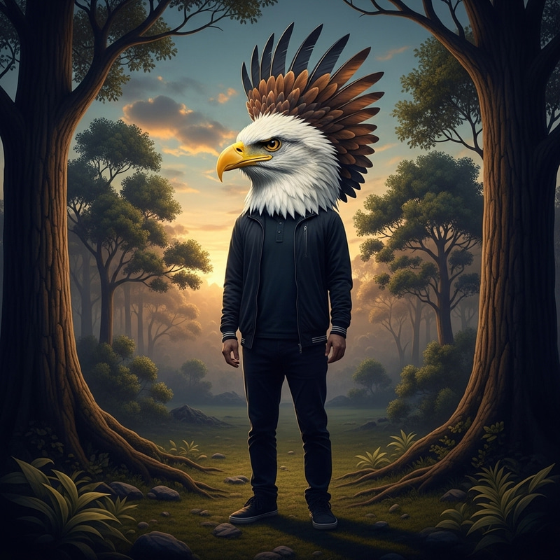Surreal Eagle-Human Hybrid in Serene Forest Scene Surreal Eagle-Human Hybrid in Serene Forest Scene