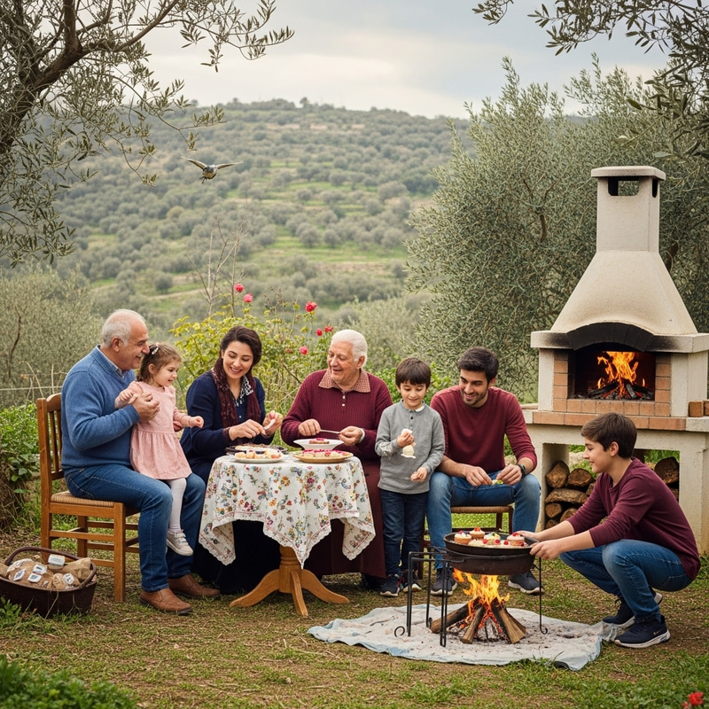 Joyful Levantine Village Family Celebrating New Year with Dessert Preparations Joyful Levantine Village Family Celebrating New Year with Dessert Preparations