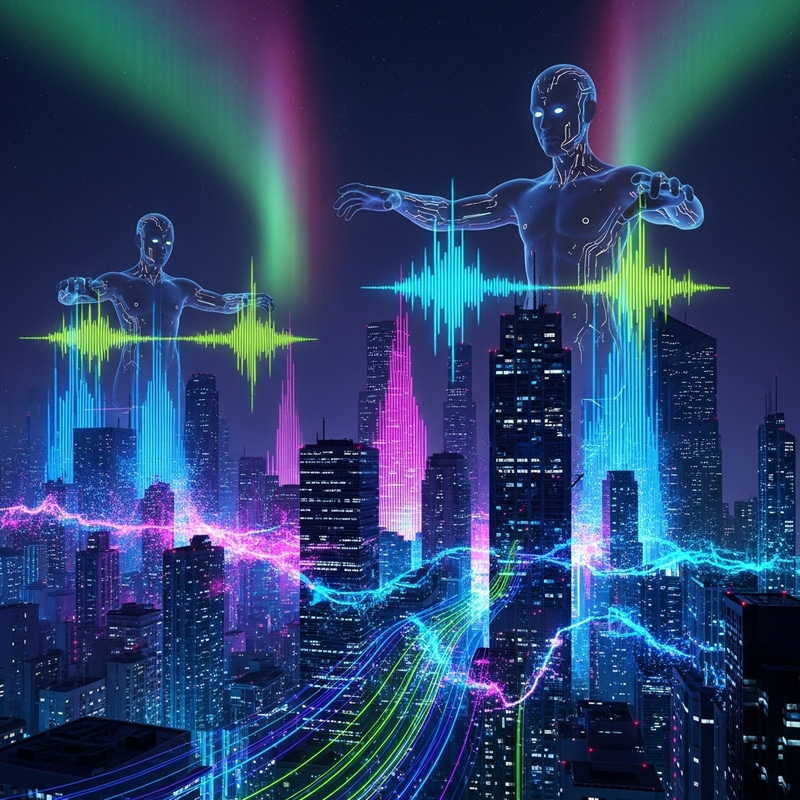 Neon Soundwaves: Cybernetic Metropolis in EDM Artwork Neon Soundwaves: Cybernetic Metropolis in EDM Artwork