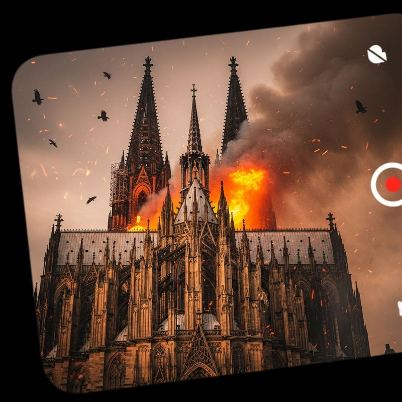 Up-Close Gothic Scene: Cologne Cathedral Ablaze & Vultures Up-Close Gothic Scene: Cologne Cathedral Ablaze & Vultures