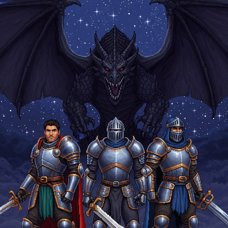 Intense Pixel Art Boss Fight: Valiant Knights Confront Mighty Black Dragon Intense Pixel Art Boss Fight: Valiant Knights Confront Mighty Black Dragon