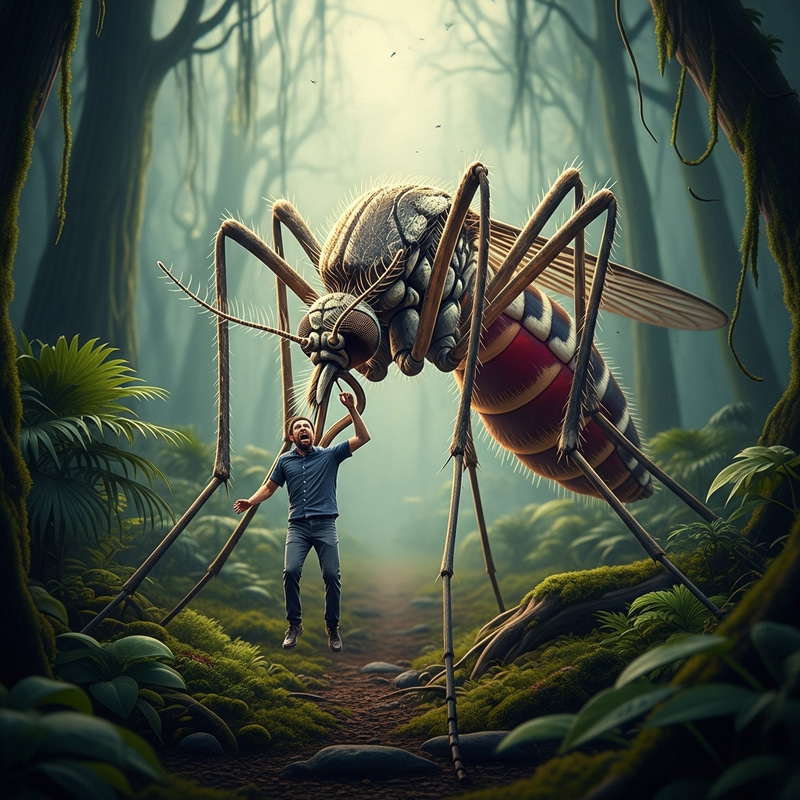 Giant Mosquito Carrying Fearsome Man in Tropical Forest