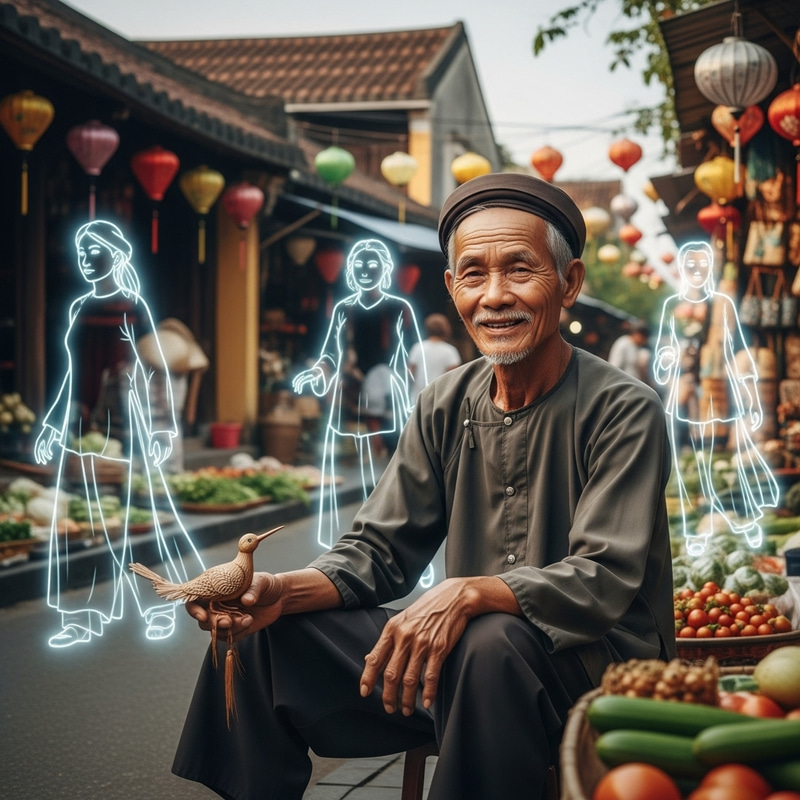 Vietnamese Man Smiling in Peace Amidst Asian Zen Garden