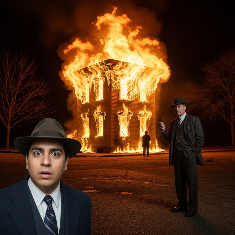Men in Classic Attire Witness Burning Three-Story Building Men in Classic Attire Witness Burning Three-Story Building
