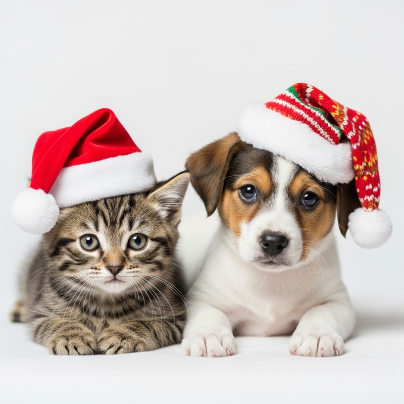 Realistic Photo Style: Kitten and Puppy in Christmas Hats