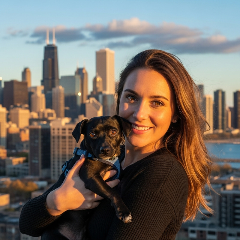Stylish Woman with Long Hair and Brown Eyes in Chicago City with her Dog