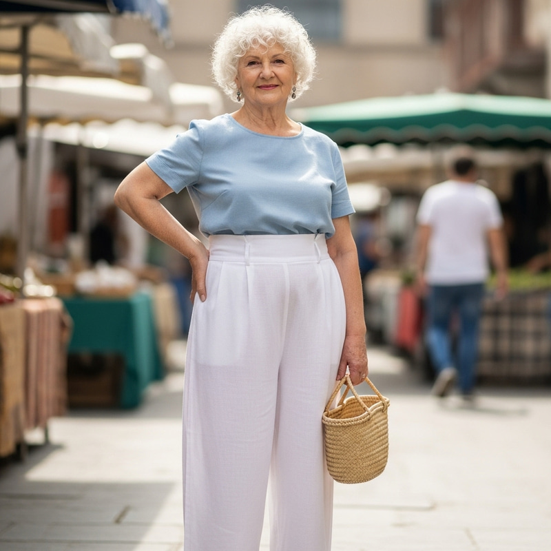 Elderly Woman with Wide Hips 180cm in White Trousers Elderly Woman with Wide Hips 180cm in White Trousers