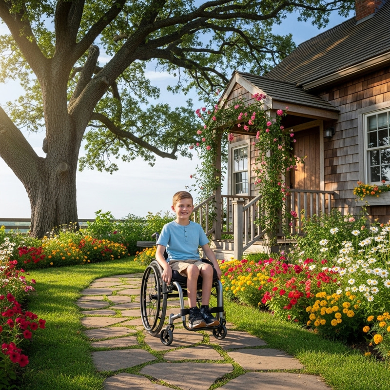 Young Boy Michael Smiling in Wheelchair at Cozy Cottage