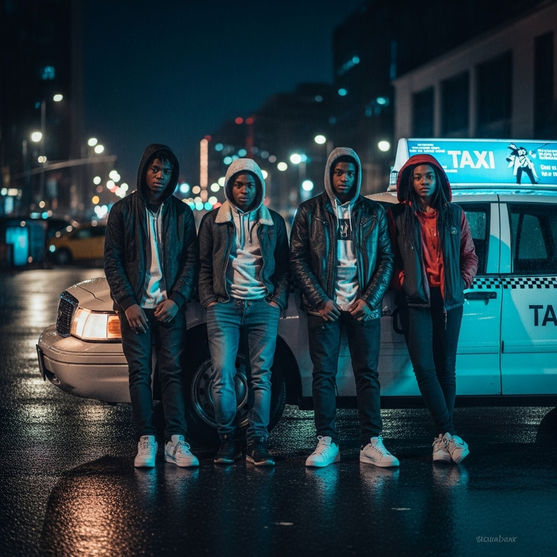 Moody Urban Teenagers Near Vintage Taxi: City Lights Night Scene Moody Urban Teenagers Near Vintage Taxi: City Lights Night Scene