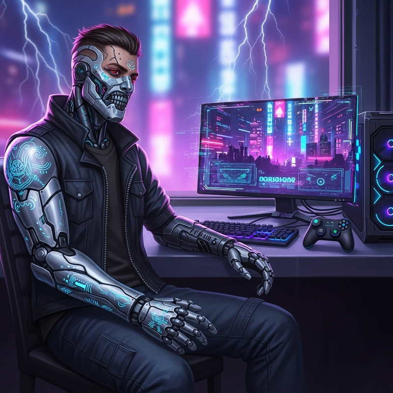 Cyberpunk Style Photo: Jhony Silverhand Gaming with Computer