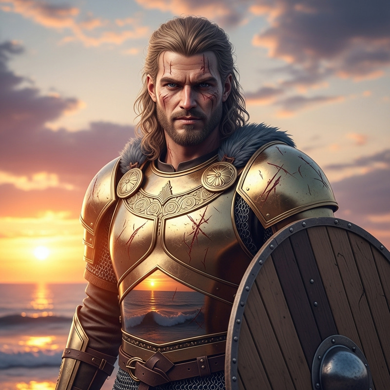 25-Year-Old Viking Berserker in Golden Armour | Ocean Sunset 25-Year-Old Viking Berserker in Golden Armour | Ocean Sunset