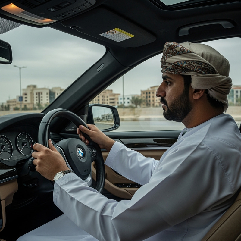 Omani Man In Traditional Attire Driving BMW Car Looking Sad Omani Man In Traditional Attire Driving BMW Car Looking Sad