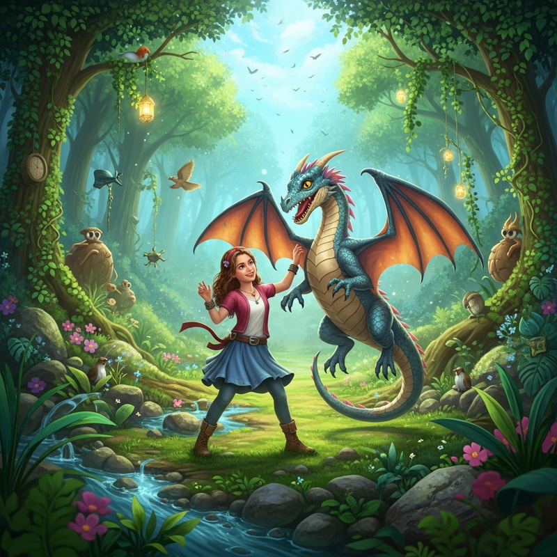 Whimsical Scene of Young Girl & Pet Dragon in Enchanting Forest Whimsical Scene of Young Girl & Pet Dragon in Enchanting Forest