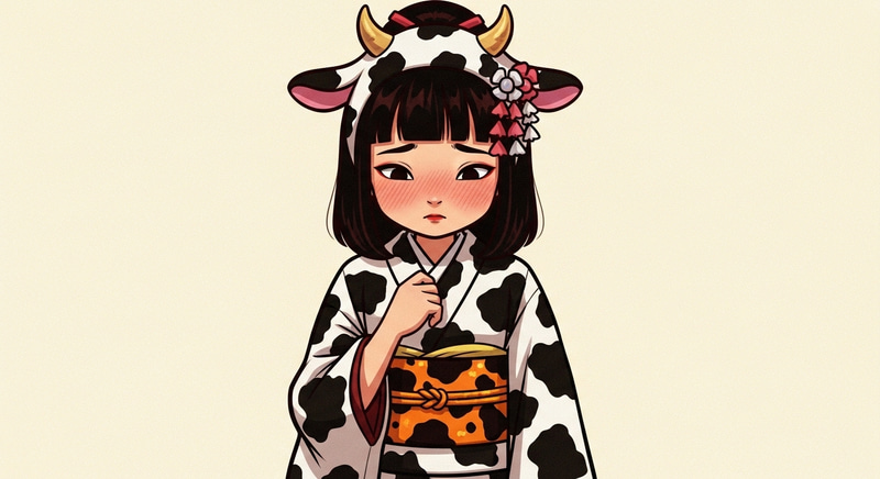 Vibrant Cow-Print Outfit Art: Lively Girl Blushing Happily