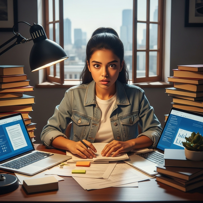 Hardworking Student Surrounded by Schoolwork | Education Scene