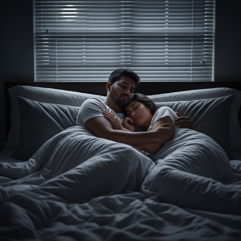 Cozy Nighttime Cuddling Scene: South Asian Male, Hispanic Female