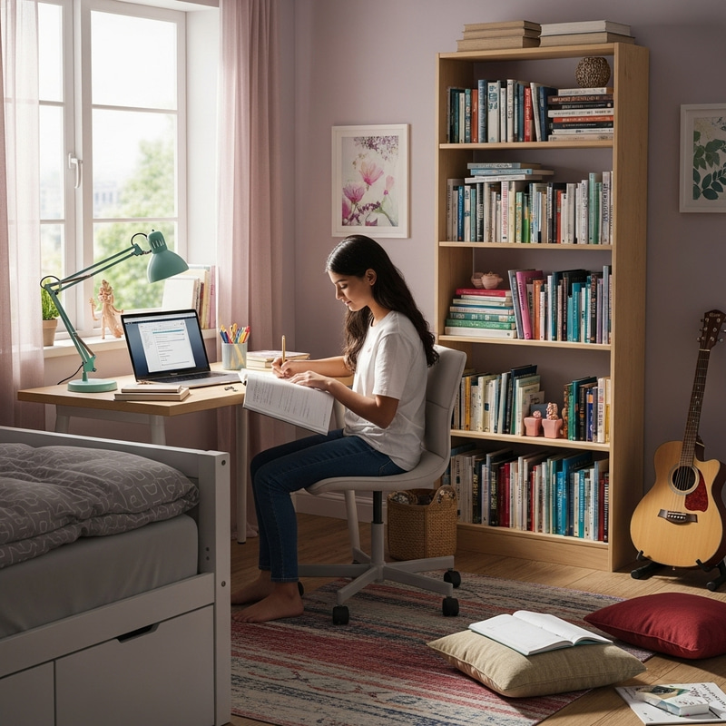 Stylish Teen Girl Studying in Vibrant Room Stylish Teen Girl Studying in Vibrant Room
