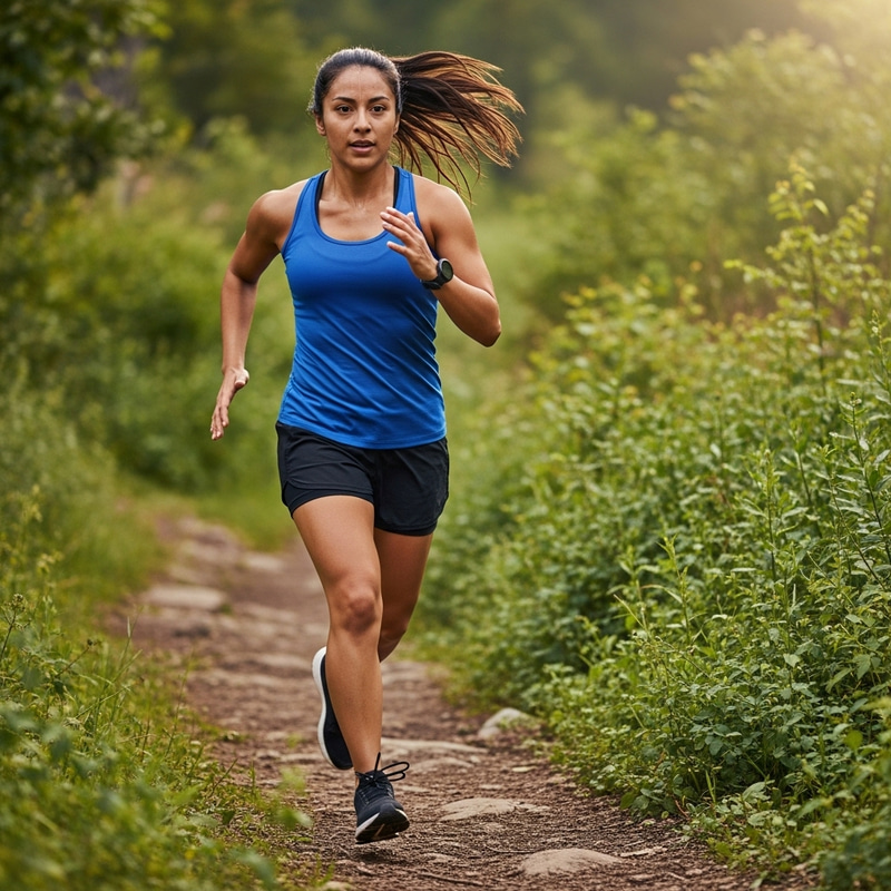 Hispanic Woman Running in Nature | Scenic Trail Runner Hispanic Woman Running in Nature | Scenic Trail Runner