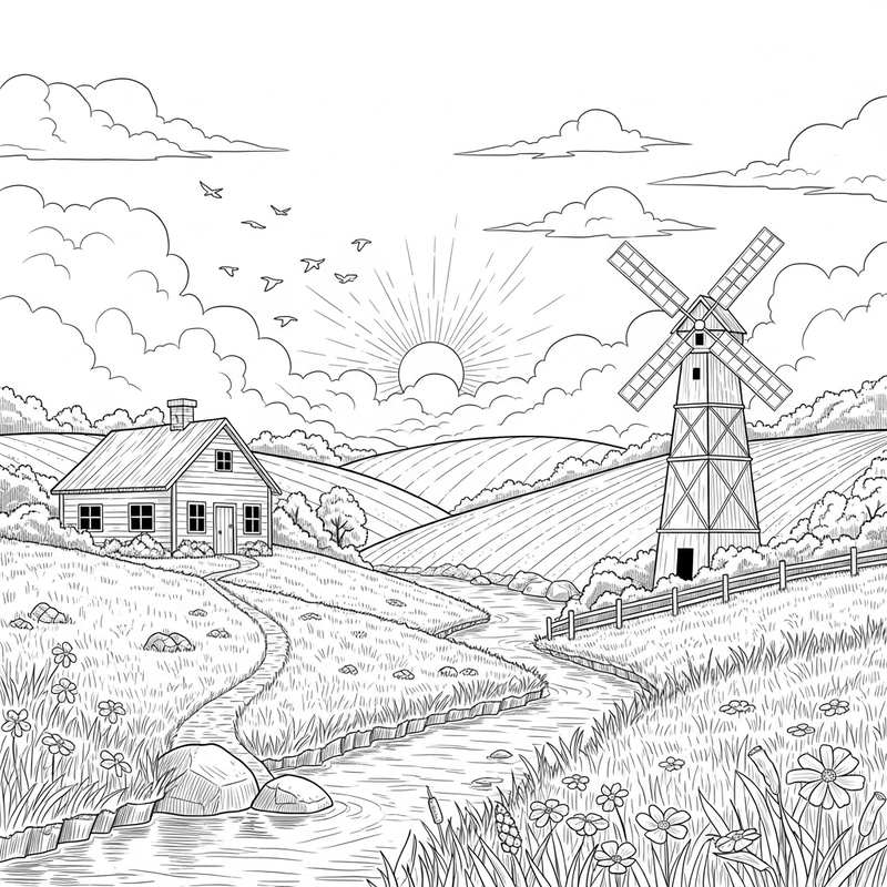 Serene Countryside Sketch with Rolling Hills Serene Countryside Sketch with Rolling Hills