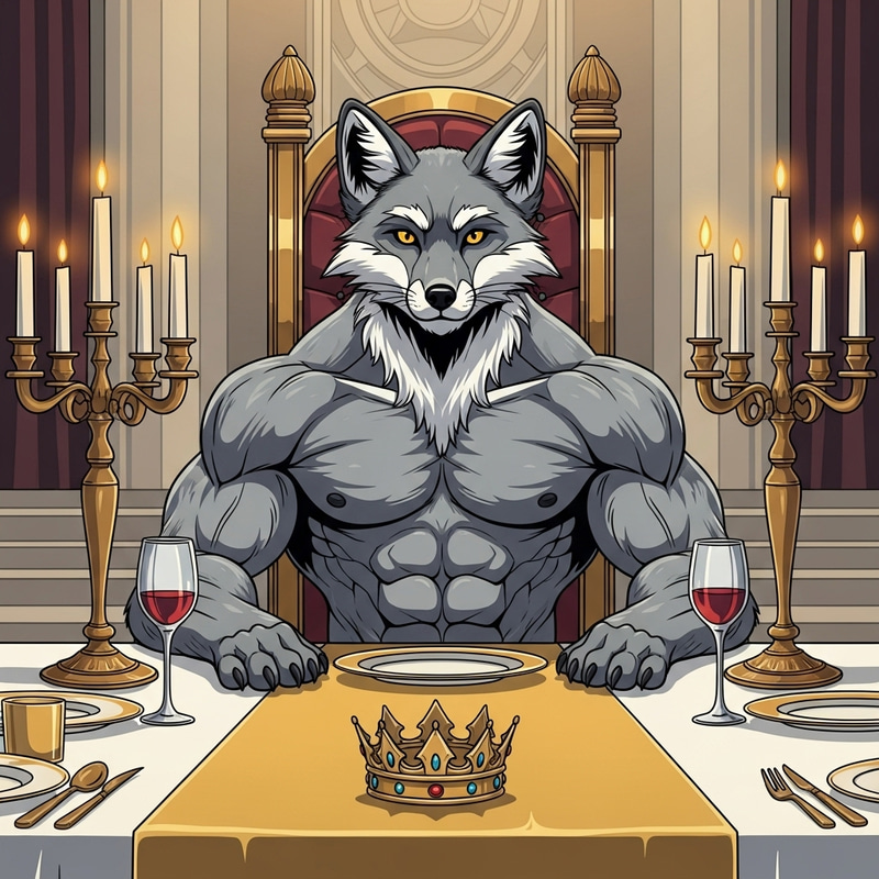 Majestic Grey Muscular Fox at Regal Table - Stunning Vector Art Majestic Grey Muscular Fox at Regal Table - Stunning Vector Art