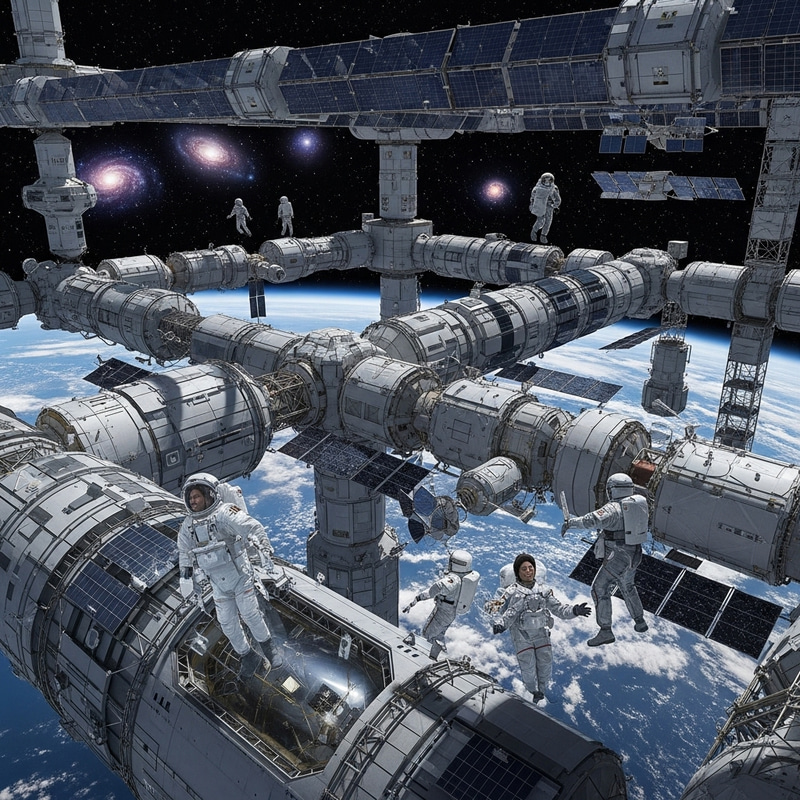 Futuristic Space Station: Panoramic View of Galaxy & Astronauts Futuristic Space Station: Panoramic View of Galaxy & Astronauts