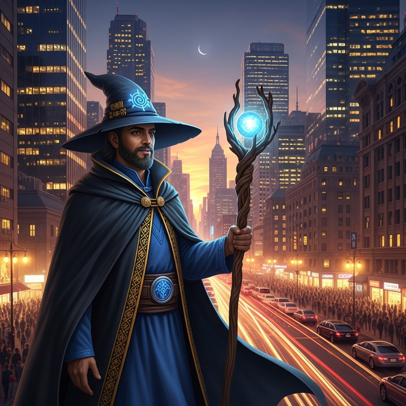 Wizard in Urban Background, 4K Resolution