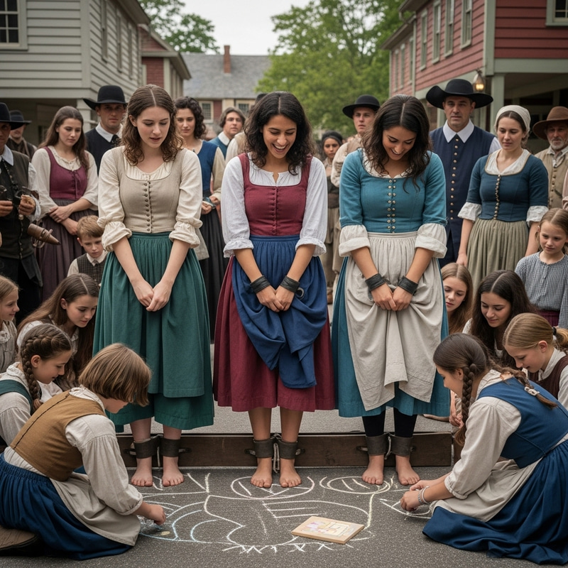 Captivating Scene of Accused Witches in 1700s Town Stocks Captivating Scene of Accused Witches in 1700s Town Stocks